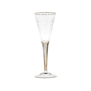 Flûte à champagne 160ml en authentique cristal de bohême taillé main, gravé artistiquement, et subtilement décoré avec des feuilles en or 24 carats peintes à la main. Collection Maharani de Moser, la plus prestigieuse & réputée cristallerie de Bohême.