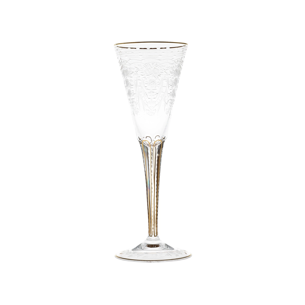 Flûte à champagne 160ml en authentique cristal de bohême taillé main, gravé artistiquement, et subtilement décoré avec des feuilles en or 24 carats peintes à la main. Collection Maharani de Moser, la plus prestigieuse & réputée cristallerie de Bohême.