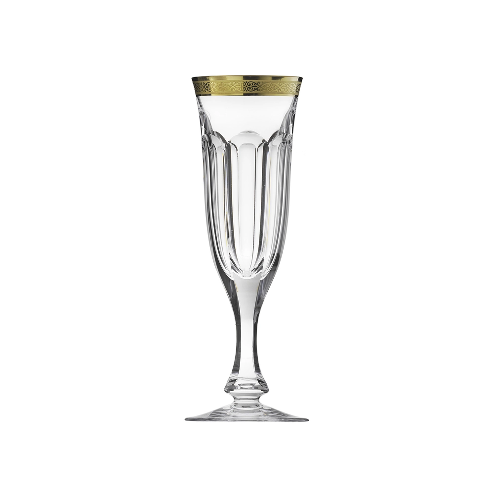 Flûte à champagne 140ml en authentique cristal de bohême taillé main, avec une élégante bande en or 24 carats. Collection Lady Hamilton (inspirée d'Emma Hamilton) de Moser, la plus prestigieuse & réputée cristallerie de Bohême.