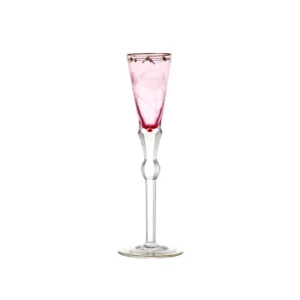 Flûte à champagne 140ml de couleur rose en authentique cristal de bohême taillé main, gravé artistiquement, et subtilement décoré avec de l'or 24 carats. Collection Paula de Moser, la plus prestigieuse & réputée cristallerie de Bohême.
