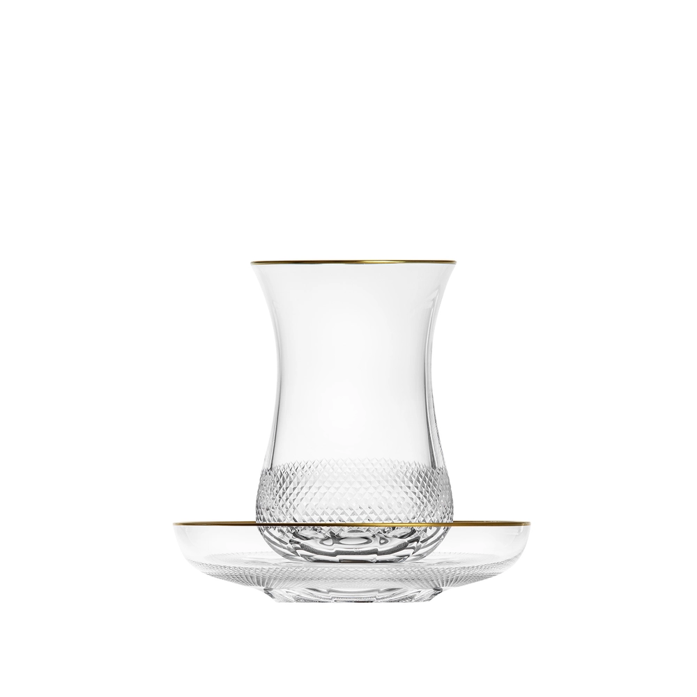 Tasse à thé 120ml en authentique cristal de bohême taillé, avec une élégante bande en or 24 carats. Collection Royal de Moser, la plus prestigieuse & réputée cristallerie de Bohême.