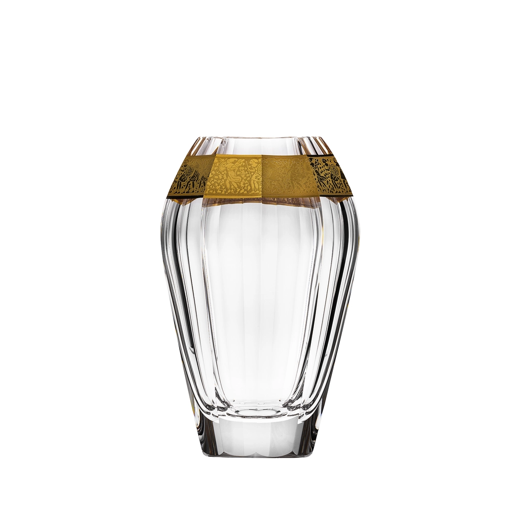 Vase Diva 20cm en authentique cristal de bohême taillé main, avec une élégante bande en or 24 carats. Création de Moser, la plus prestigieuse & réputée cristallerie de Bohême.