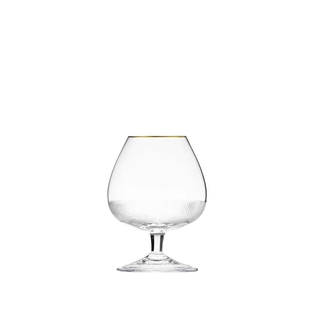 Verre à brandy & cognac 320ml en authentique cristal de bohême taillé, avec une élégante bande en or 24 carats. Collection Royal de Moser, la plus prestigieuse & réputée cristallerie de Bohême.