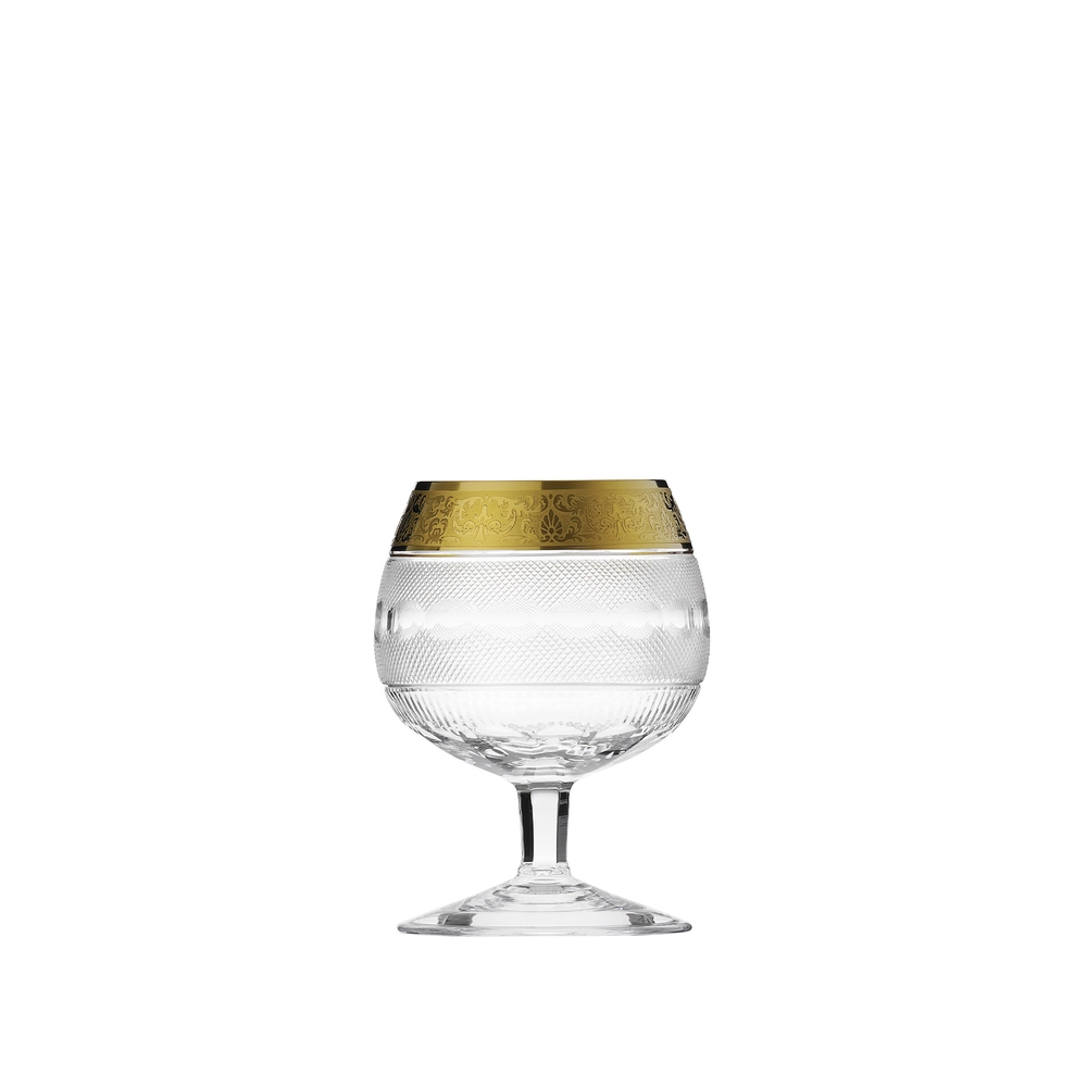 Verre à brandy & cognac 320ml en authentique cristal de bohême taillé, avec un bandeau en or 24 carats. Création Moser, la plus prestigieuse & réputée cristallerie de Bohême. Collection Splendid, élaborée en 1911, qui reste encore aujourd'hui la plus luxueuse de toute l'histoire de la Maison.