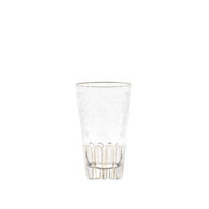 Verre à eau 400ml en authentique cristal de bohême taillé main, gravé artistiquement, et subtilement décoré avec des feuilles en or 24 carats peintes à la main. Collection Maharani de Moser, la plus prestigieuse & réputée cristallerie de Bohême.