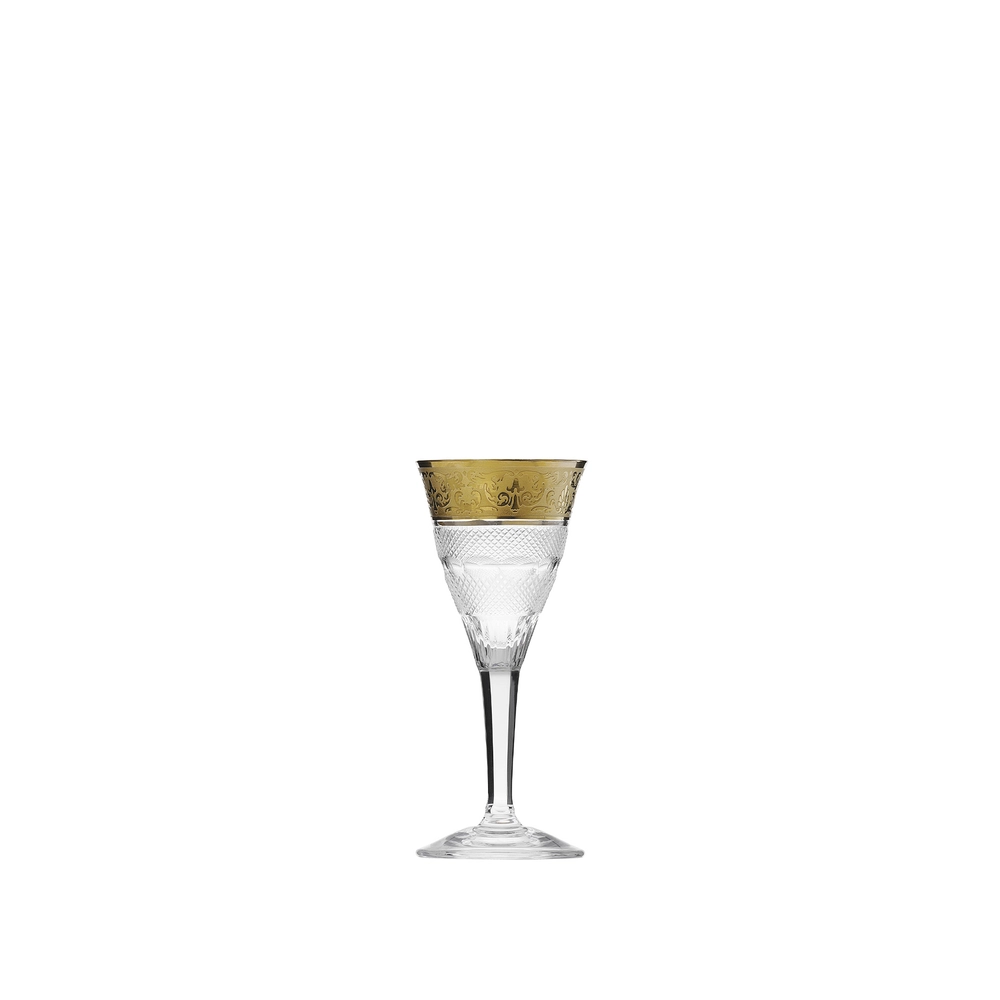 Verre à liqueur 45ml en authentique cristal de bohême taillé, avec un bandeau en or 24 carats. Création Moser, la plus prestigieuse & réputée cristallerie de Bohême. Collection Splendid, élaborée en 1911, qui reste encore aujourd'hui la plus luxueuse de toute l'histoire de la Maison.