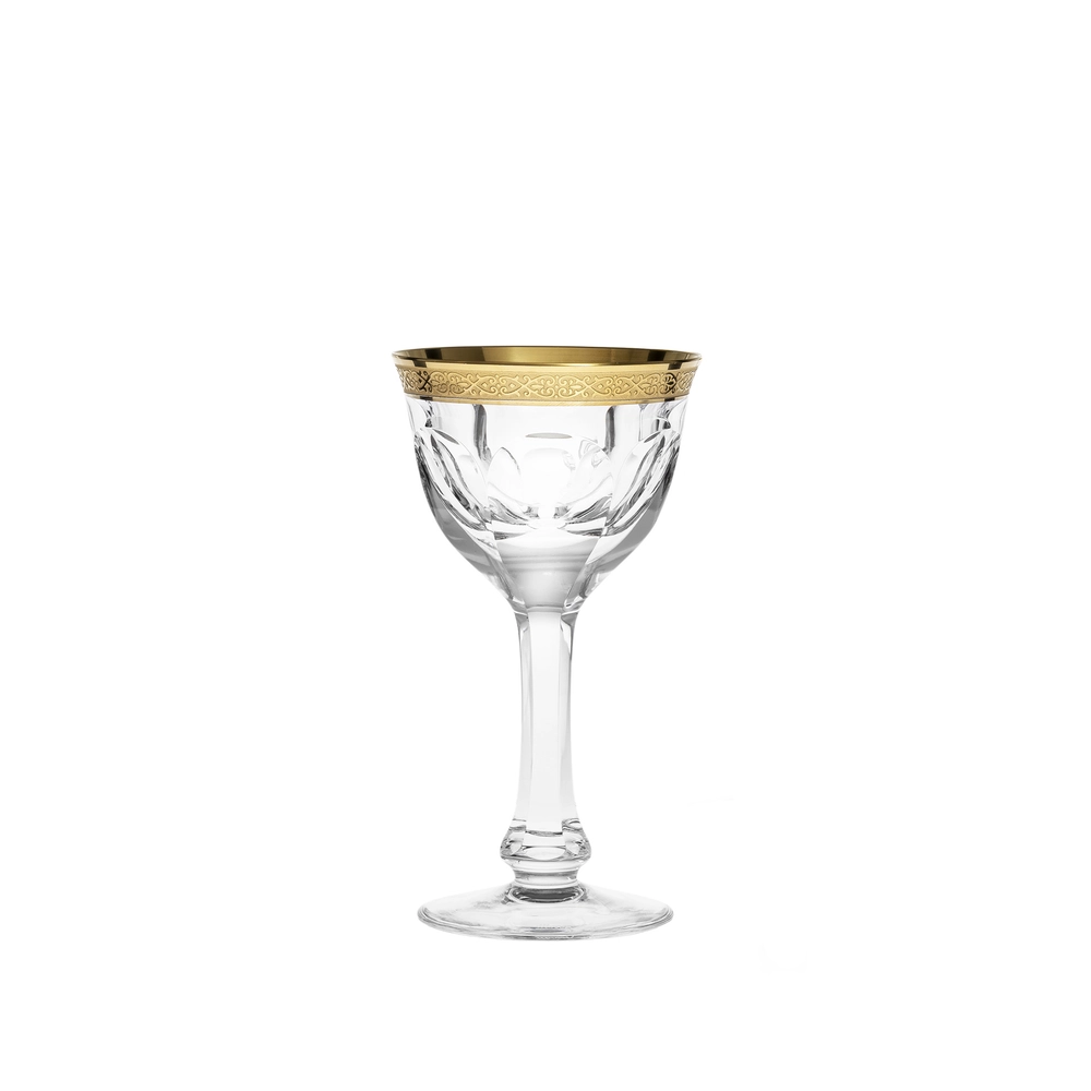 Verre à sherry 65ml en authentique cristal de bohême taillé main., habillé d'une élégante bande en or 24 carats. Collection Lady Hamilton, inspirée d'Emma Hamilton, fruit de Moser, la plus prestigieuse & réputée cristallerie de Bohême.