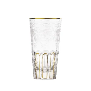 Verre à spiritueux 60ml en authentique cristal de bohême taillé main, gravé artistiquement, et subtilement décoré avec des feuilles en or 24 carats peintes à la main. Collection Maharani de Moser, la plus prestigieuse & réputée cristallerie de Bohême.