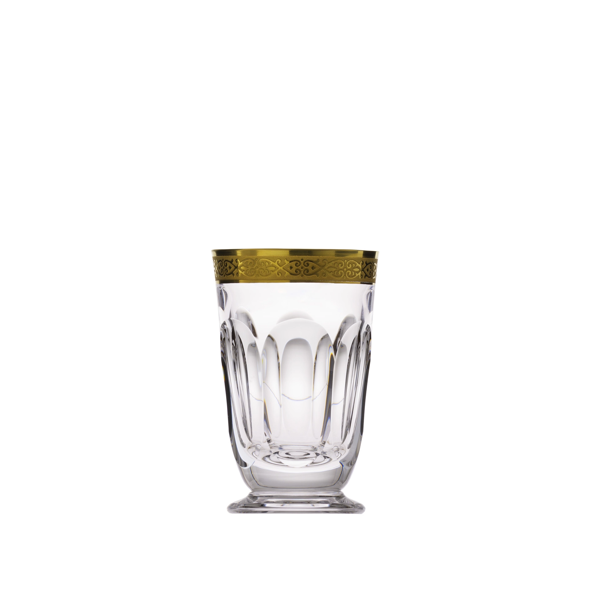 Verre à spiritueux 45ml en authentique cristal de bohême taillé main, habillé d'une élégante bande en or 24 carats. Collection Lady Hamilton (inspirée d'Emma Hamilton) de Moser, la plus prestigieuse & réputée cristallerie de Bohême.