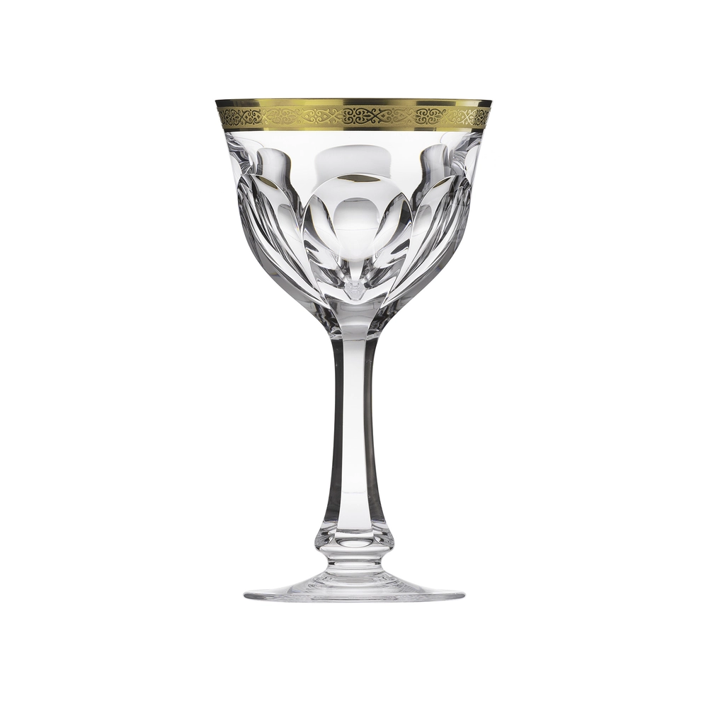 Verre à vin blanc 210ml en authentique cristal de bohême taillé main, avec une élégante bande en or 24 carats. Collection Lady Hamilton (inspirée d'Emma Hamilton) de Moser, la plus prestigieuse & réputée cristallerie de Bohême.