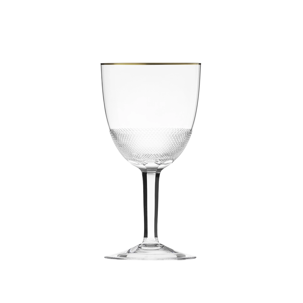 Verre à vin blanc 280ml en authentique cristal de bohême taillé, avec une élégante bande en or 24 carats. Collection Royal de Moser, la plus prestigieuse & réputée cristallerie de Bohême.