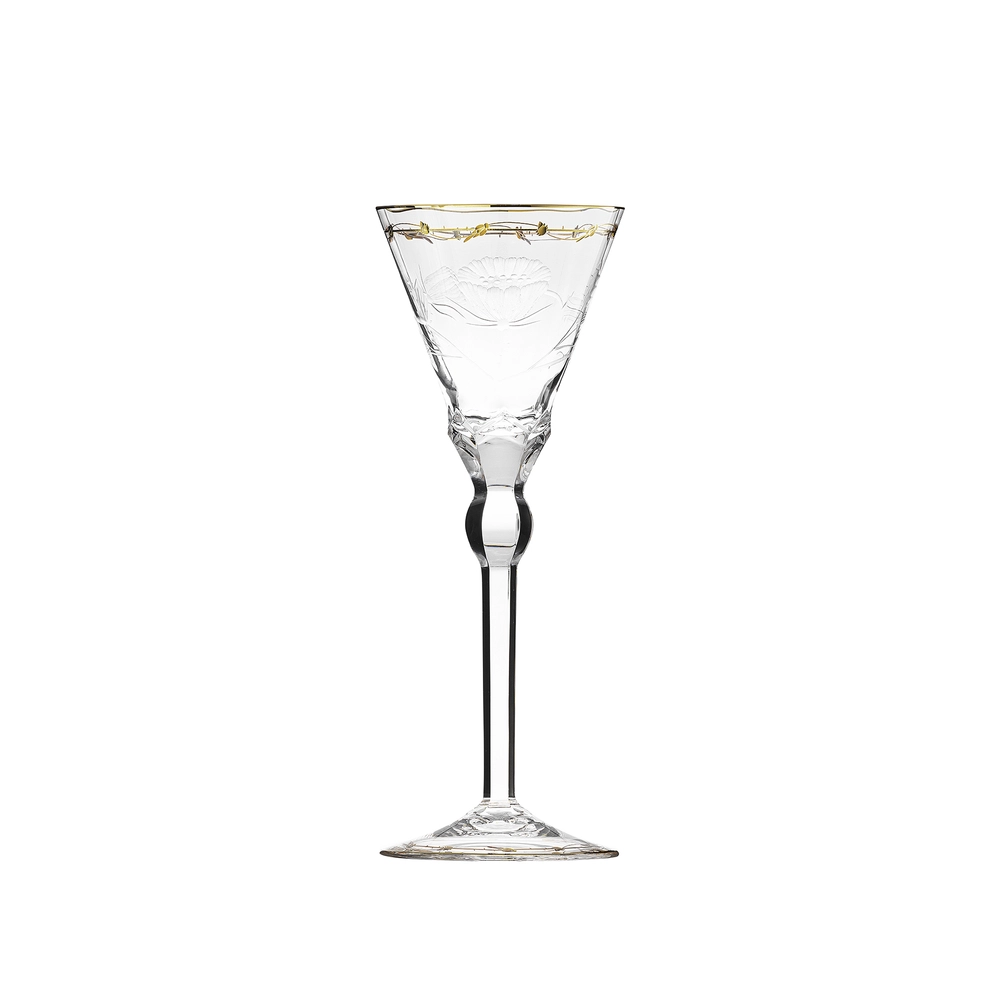 Verre à vin rouge 270ml en authentique cristal de bohême taillé main, gravé artistiquement, et subtilement décoré avec de l'or 24 carats. Collection Paula de Moser, la plus prestigieuse & réputée cristallerie de Bohême.