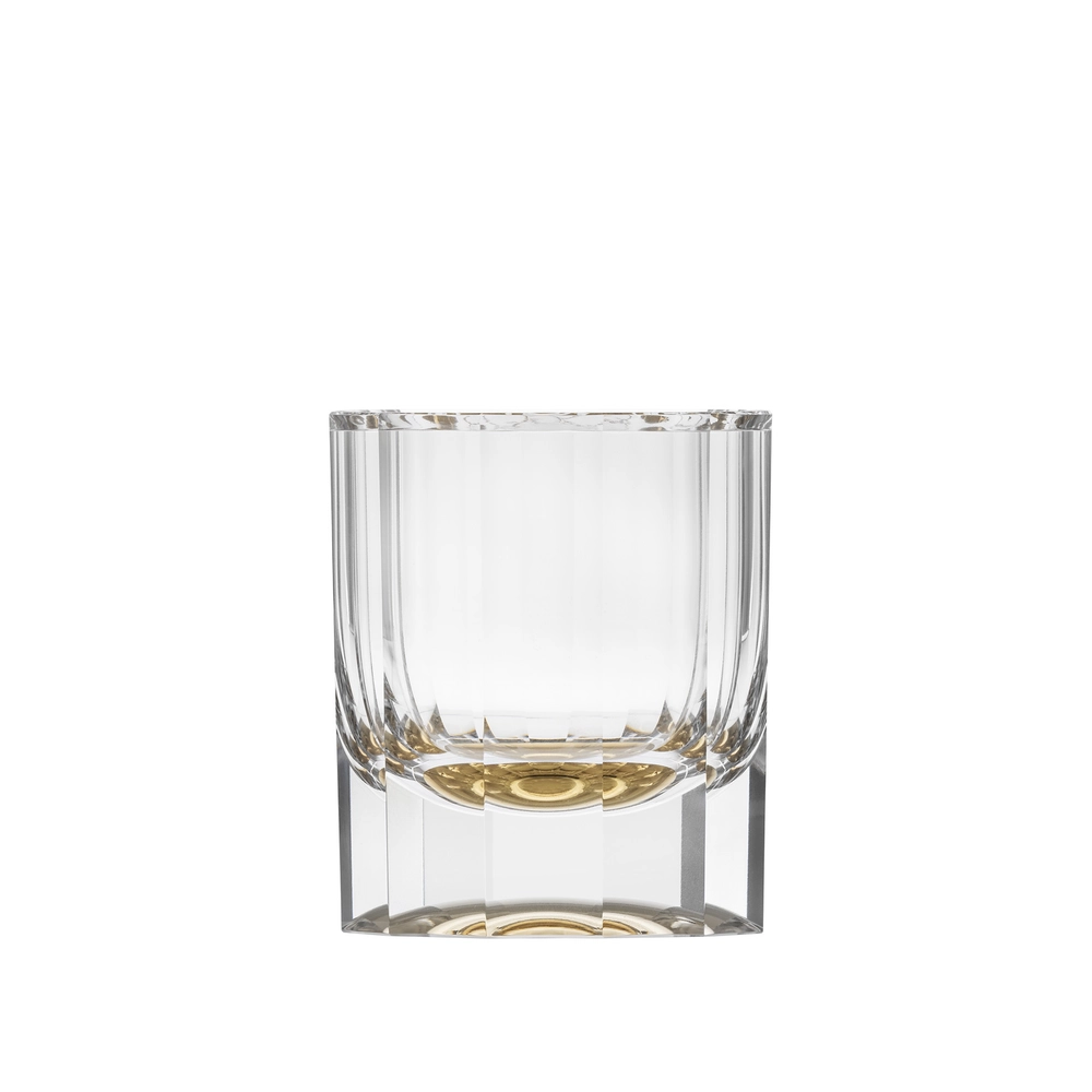 Verre à whisky old fashioned en cristal de bohême taillé, avec un miroir en or 24 carats au fond du verre. Création de Moser, la plus prestigieuse cristallerie de Bohême. Collection Solaris.