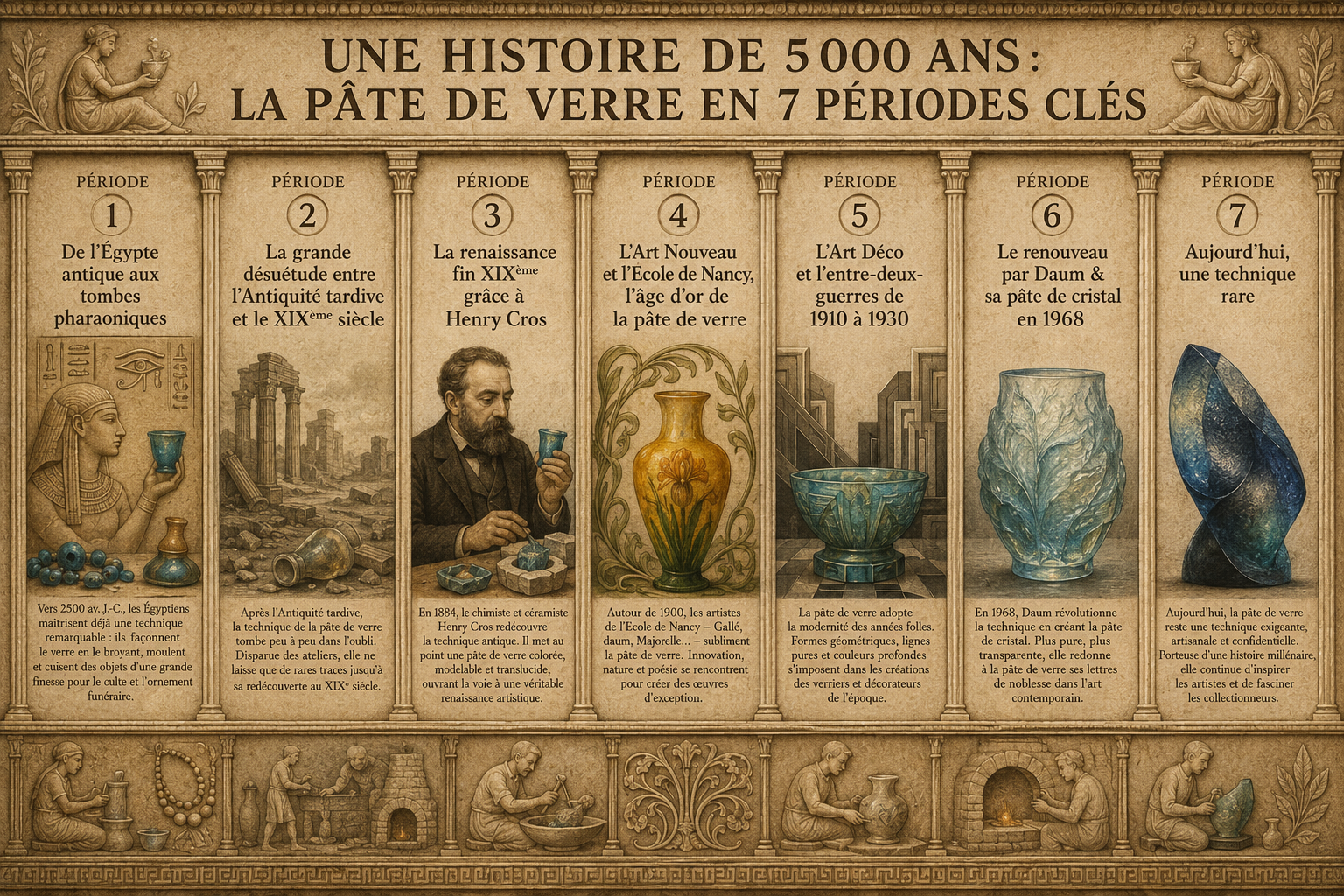 Frise récapitulative de l'histoire de la pâte de verre en 7 périodes clés.
