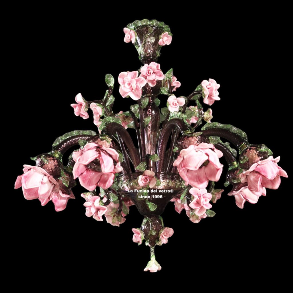 Lustre en verre de Murano "Roseto Verde" de la verrerie labélisée La Fucina Del Vetro.